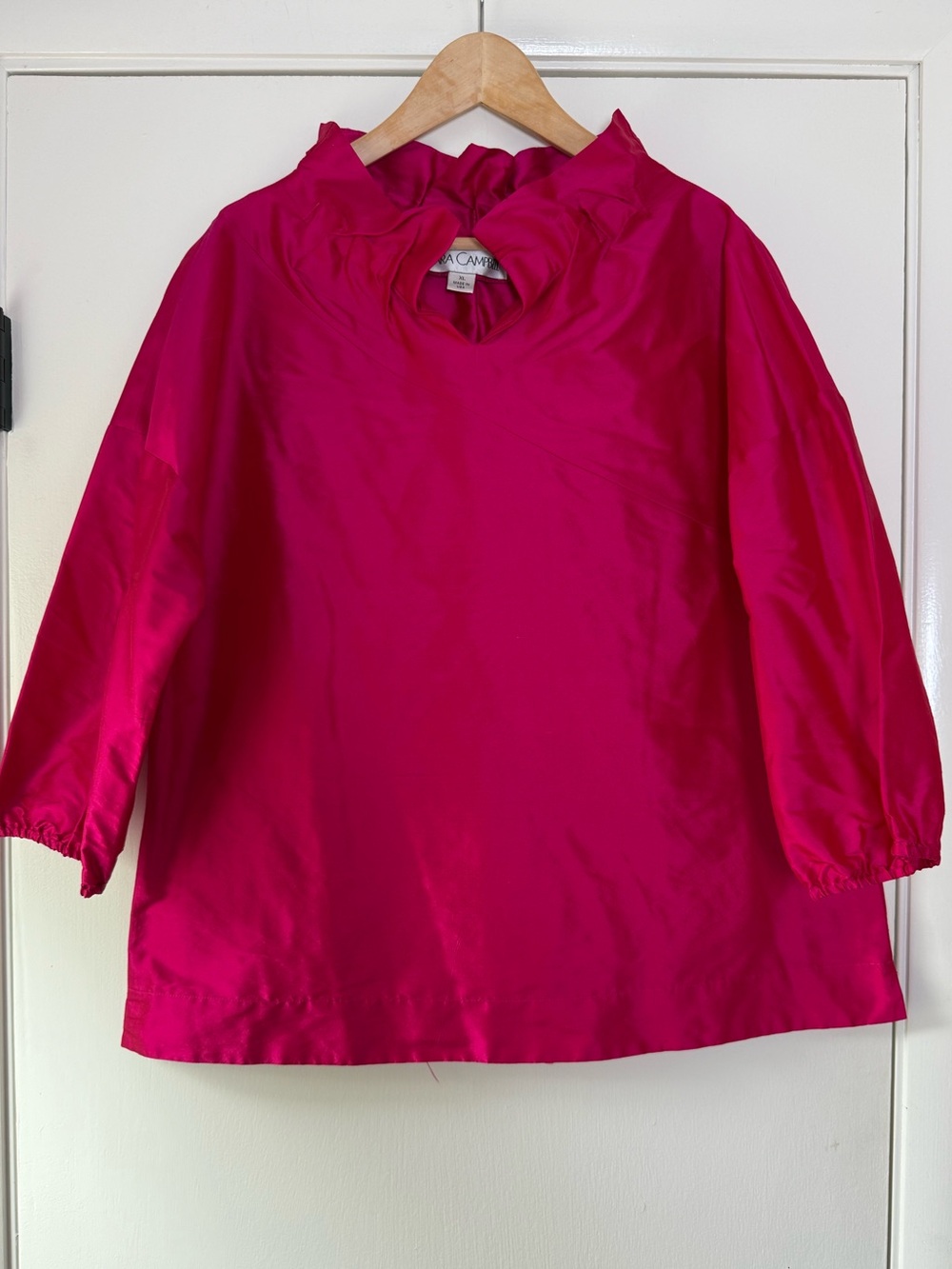 Sara Campbell 100% Silk Ruffle Neck Blouse Party Preppy Romantic A-Line Vibrant